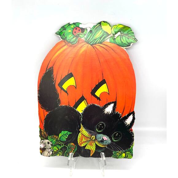 Vintage USA Halloween Die Cut Pumpkin Cat & Mouse Decoration Double Sided 13" - Picture 1 of 6